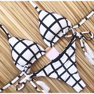 Plaid Sexy Fringe Tassel Triangle Bikini L